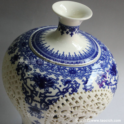 【RYXH01景德鎮陶瓷 青花 鏤空玲瓏 梅瓶賞瓶 花瓶家居擺設工藝擺設】價格,廠家,圖片,陶瓷工藝品,景德鎮盛江陶瓷貿易-