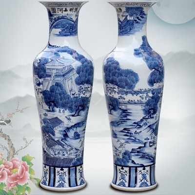 青花瓷 景德鎮(zhèn)陶瓷清明上河圖大花瓶家居客廳落地插花擺件裝飾品