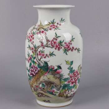 景德鎮老藝人陳海清 手繪粉彩陶瓷 富貴花開花瓶-京東珍品拍賣